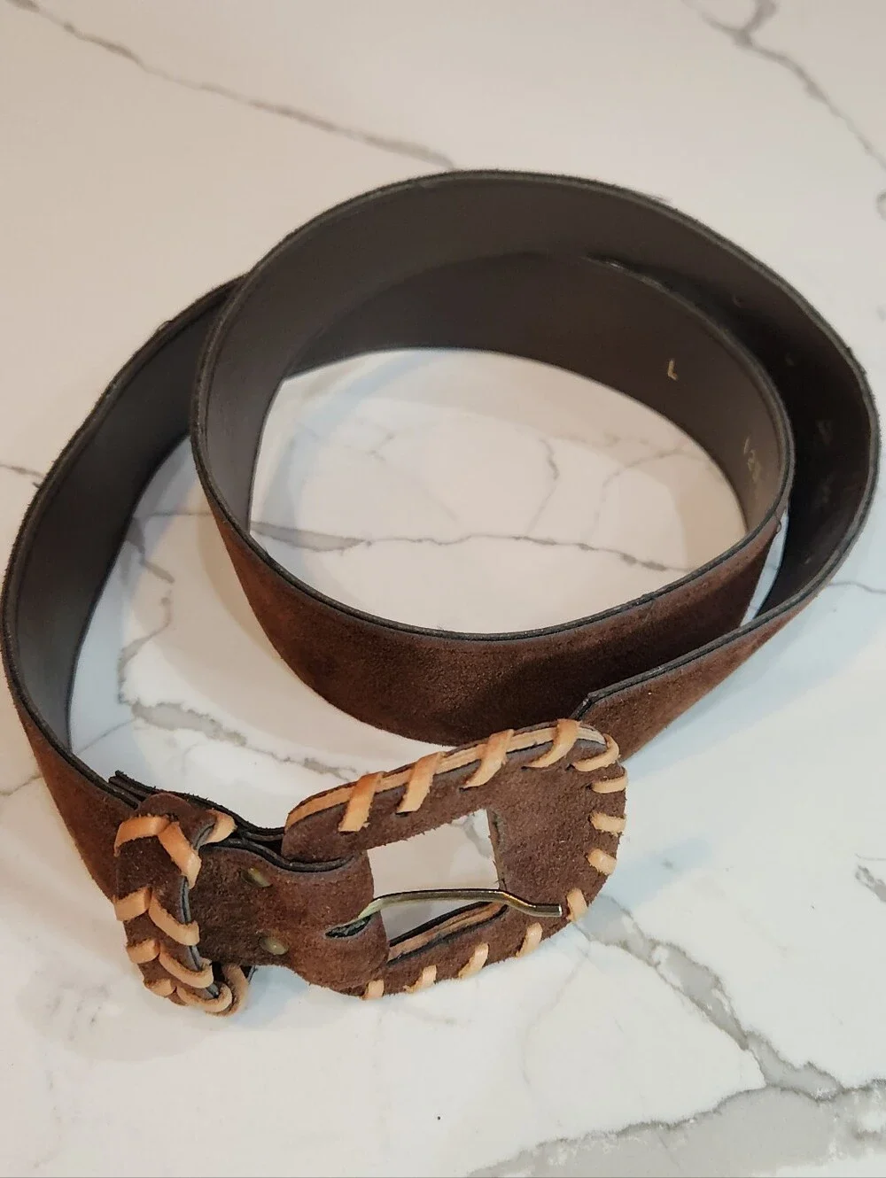 Woman's Vintage Brown Suede Braided Whipstitch Leather Belt Size Large